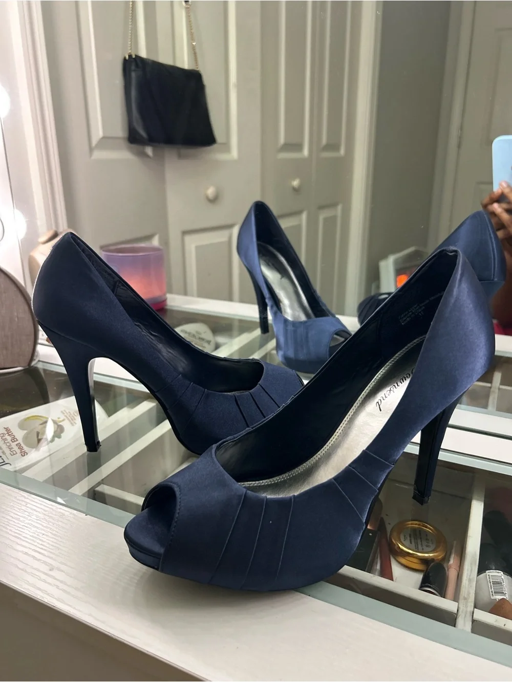 Lulu Townsend Navy Satin Peep-Toe Stiletto Heels
